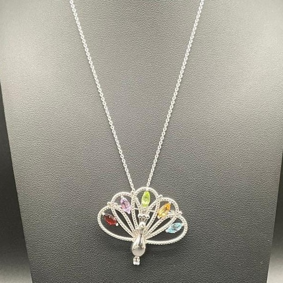 Sterling Silver Peacock Pendant Brooch With Multi-Gemstones On 17